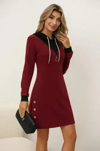 Women's Long Sleeve Hooded Front Zippered Buttoned Mini Two Thread Dress - BÜYÜKBEDENIZ (1)