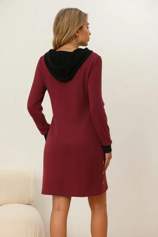 Women's Long Sleeve Hooded Front Zippered Buttoned Mini Two Thread Dress - 3