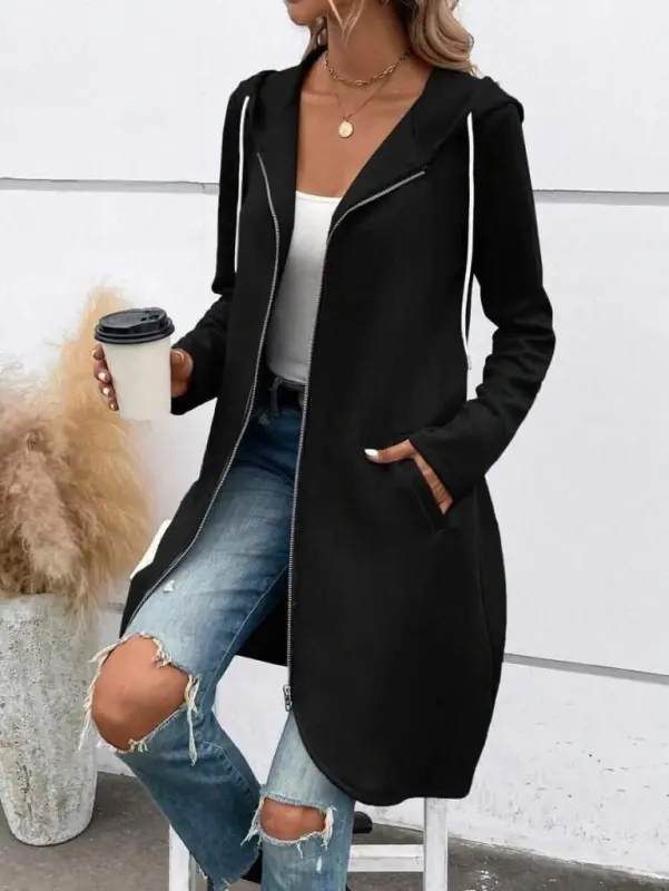 Women's Long Sleeve Hooded Front Zippered Midi Scuba Jacket - 1