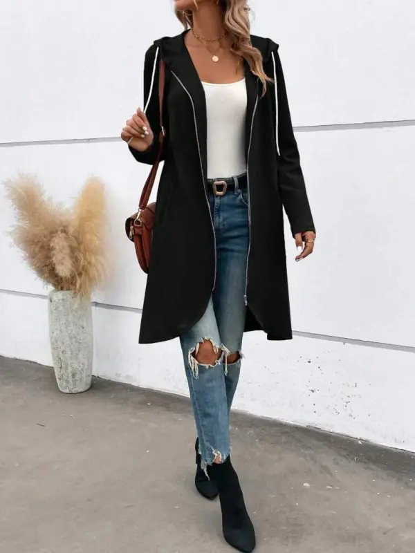 Women's Long Sleeve Hooded Front Zippered Midi Scuba Jacket - 2