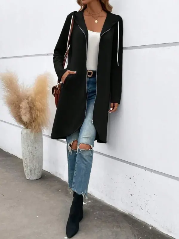 Women's Long Sleeve Hooded Front Zippered Midi Scuba Jacket - 4