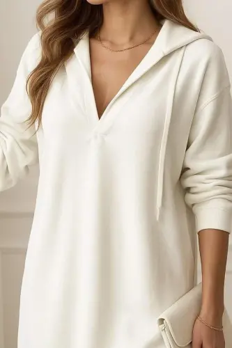 Women's Long Sleeve Hooded Open Neck Modal Dress - 2