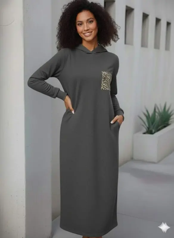 Women's Long Sleeve Hooded Pocket Detailed Viscose Two Thread Maxi Dress - 1