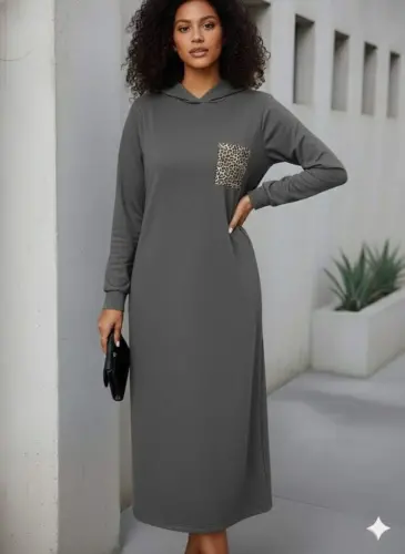 Women's Long Sleeve Hooded Pocket Detailed Viscose Two Thread Maxi Dress - 2
