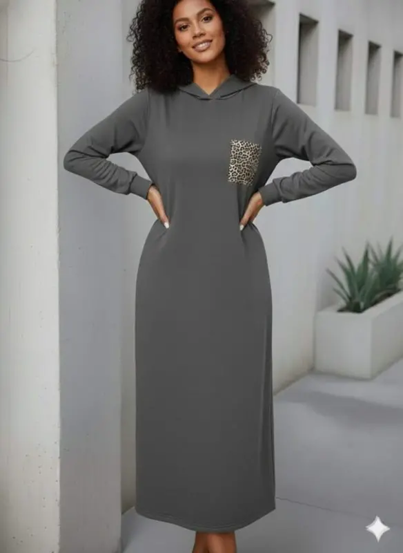 Women's Long Sleeve Hooded Pocket Detailed Viscose Two Thread Maxi Dress - 3
