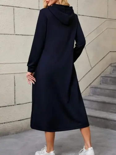 Women's Long Sleeve Hooded Pocket Detailed Viscose Two Thread Maxi Dress - BÜYÜKBEDENIZ (1)