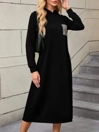 Women's Long Sleeve Hooded Pocket Detailed Viscose Two Thread Maxi Dress - 5