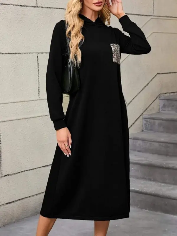 Women's Long Sleeve Hooded Pocket Detailed Viscose Two Thread Maxi Dress - 5