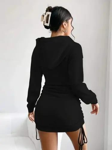 Women's Long Sleeve Hooded Ruched Side Mini Viscose Two Thread Dress - 3