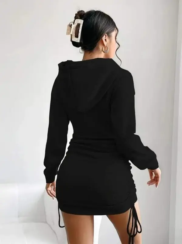 Women's Long Sleeve Hooded Ruched Side Mini Viscose Two Thread Dress - 3