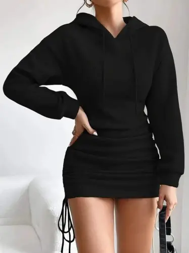 Women's Long Sleeve Hooded Ruched Side Mini Viscose Two Thread Dress - 1