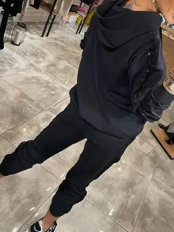 Women's Long Sleeve Hooded Sequin Detail Viscose Two Thread Blouse and Pants Set - 2