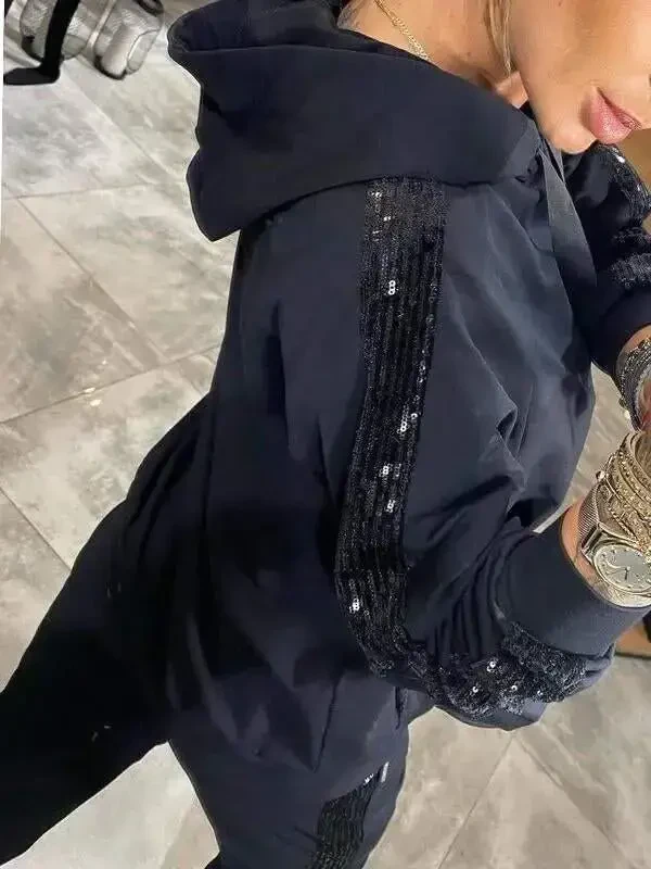 Women's Long Sleeve Hooded Sequin Detail Viscose Two Thread Blouse and Pants Set - 3