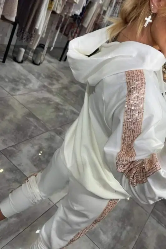 Women's Long Sleeve Hooded Sequin Detail Viscose Two Thread Blouse and Pants Set - 3