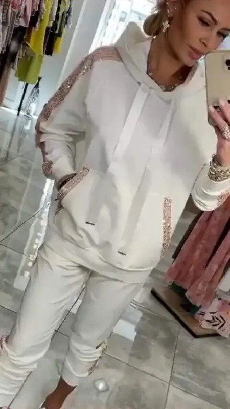 Women's Long Sleeve Hooded Sequin Detail Viscose Two Thread Blouse and Pants Set - 5