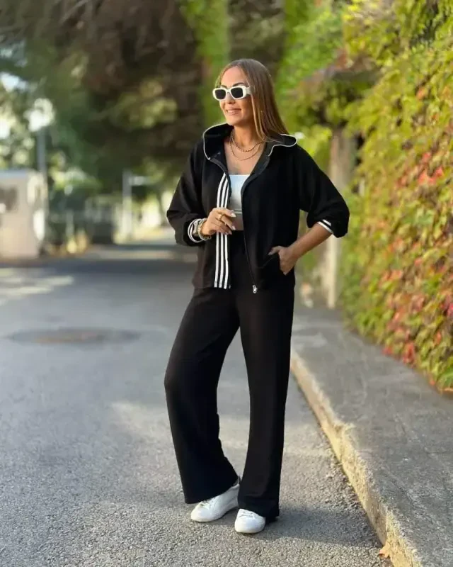 Women's Long Sleeve Hooded Striped Detail Zippered Viscose Two Thread Blouse and Pants Set - BÜYÜKBEDENIZ