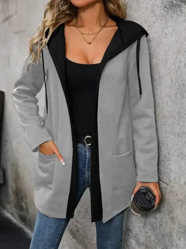 Women's Long Sleeve Hooded Two-Tone Fleece Lined Double Yarn Jacket - BÜYÜKBEDENIZ