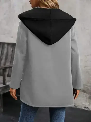 Women's Long Sleeve Hooded Two-Tone Fleece Lined Double Yarn Jacket - BÜYÜKBEDENIZ (1)