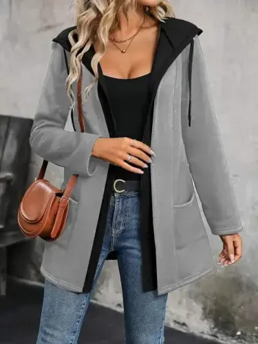 Women's Long Sleeve Hooded Two-Tone Fleece Lined Double Yarn Jacket - 3