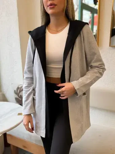 Women's Long Sleeve Hooded Two-Tone Fleece Lined Double Yarn Jacket - 4