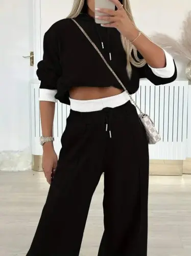 Women's Long Sleeve Hooded Viscose Two Thread Blouse and Pants Set - 1