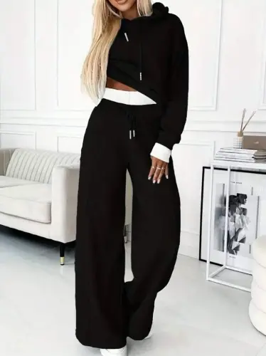 Women's Long Sleeve Hooded Viscose Two Thread Blouse and Pants Set - 3