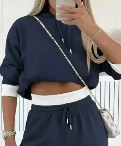 Women's Long Sleeve Hooded Viscose Two Thread Smoked Gray Blouse and Pants Set - BÜYÜKBEDENIZ (1)