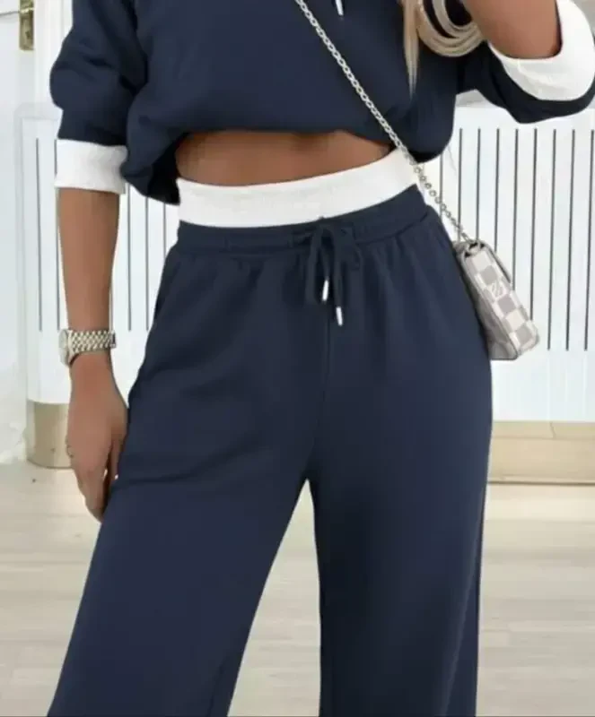 Women's Long Sleeve Hooded Viscose Two Thread Smoked Gray Blouse and Pants Set - 3