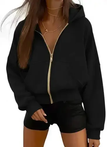 Women's Long Sleeve Hooded Zippered Front Pocket Detailed Fleece Lined Two Thread Jacket - 2