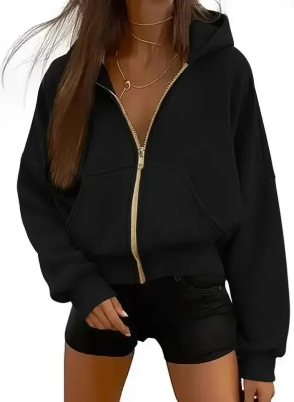 Women's Long Sleeve Hooded Zippered Front Pocket Detailed Fleece Lined Two Thread Jacket - 2