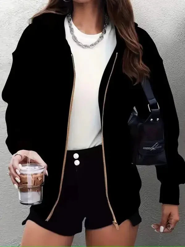 Women's Long Sleeve Hooded Zippered Front Pocket Detailed Fleece Lined Two Thread Jacket - 3