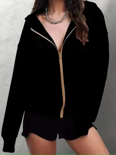 Women's Long Sleeve Hooded Zippered Front Pocket Detailed Fleece Lined Two Thread Jacket - 5