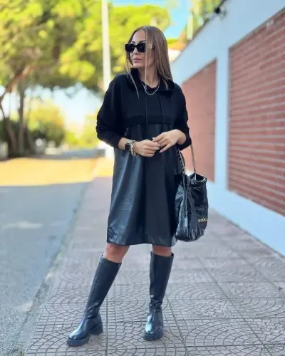 Women's Long Sleeve Hoodie And Leather Detail Above Knee Dress - 1