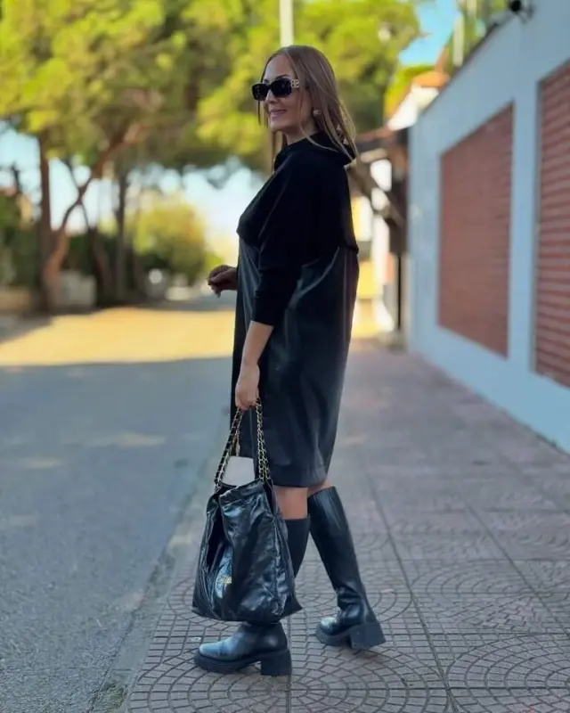 Women's Long Sleeve Hoodie And Leather Detail Above Knee Dress - 2