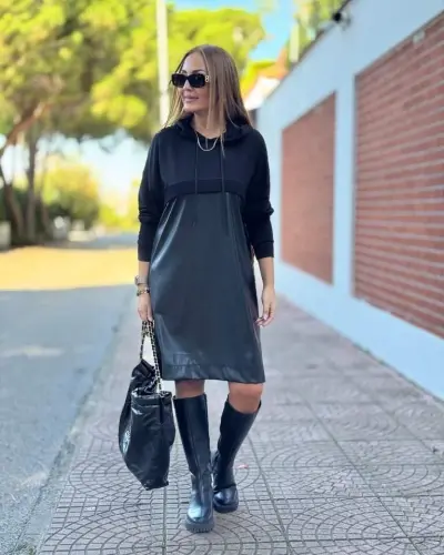 Women's Long Sleeve Hoodie And Leather Detail Above Knee Dress - 3