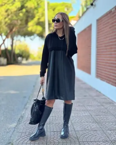 Women's Long Sleeve Hoodie And Leather Detail Above Knee Dress - 4
