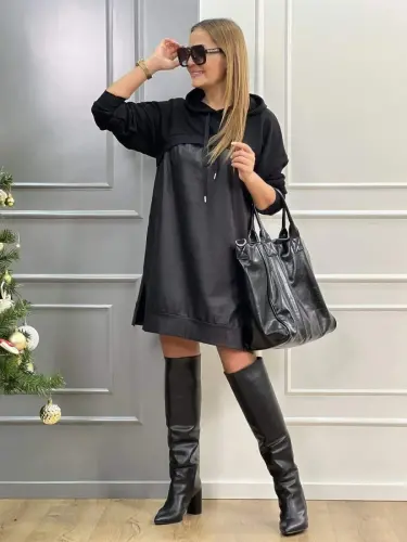 Women's Long Sleeve Hoodie And Leather Detail Above Knee Dress - 5