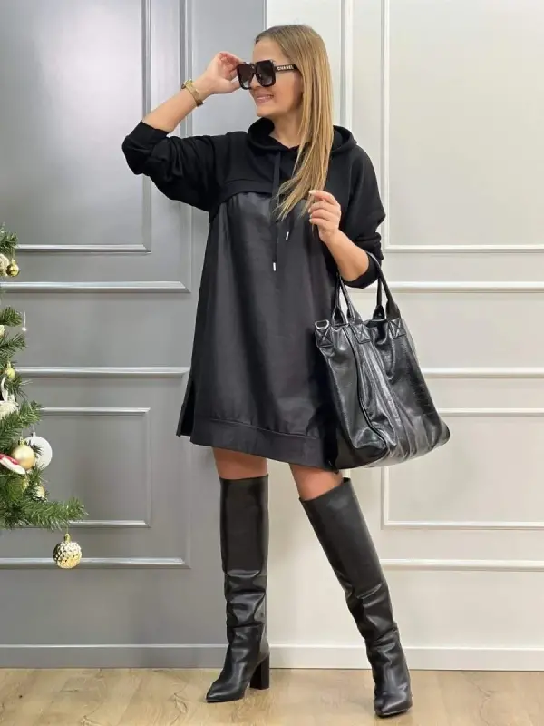 Women's Long Sleeve Hoodie And Leather Detail Above Knee Dress - 5