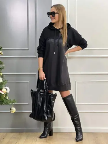 Women's Long Sleeve Hoodie And Leather Detail Above Knee Dress - 6