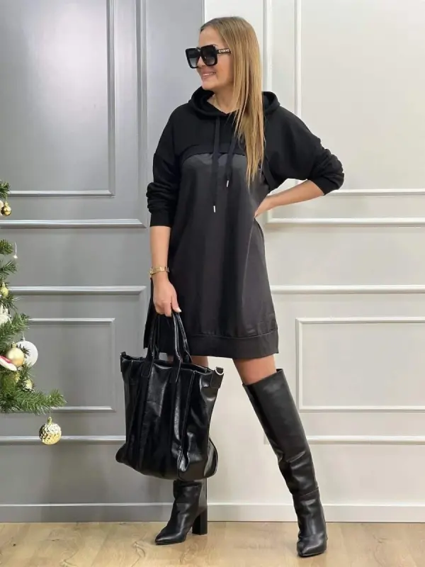 Women's Long Sleeve Hoodie And Leather Detail Above Knee Dress - 6