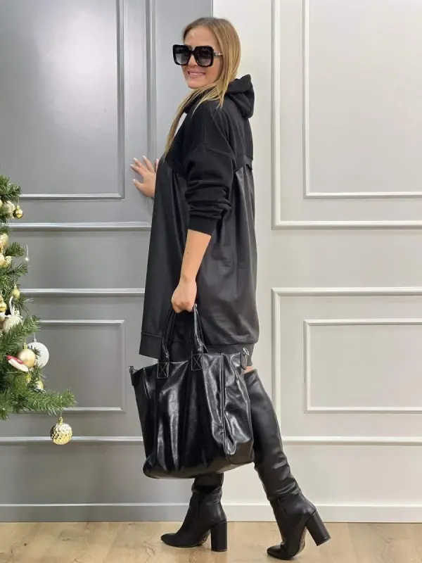 Women's Long Sleeve Hoodie And Leather Detail Above Knee Dress - 7