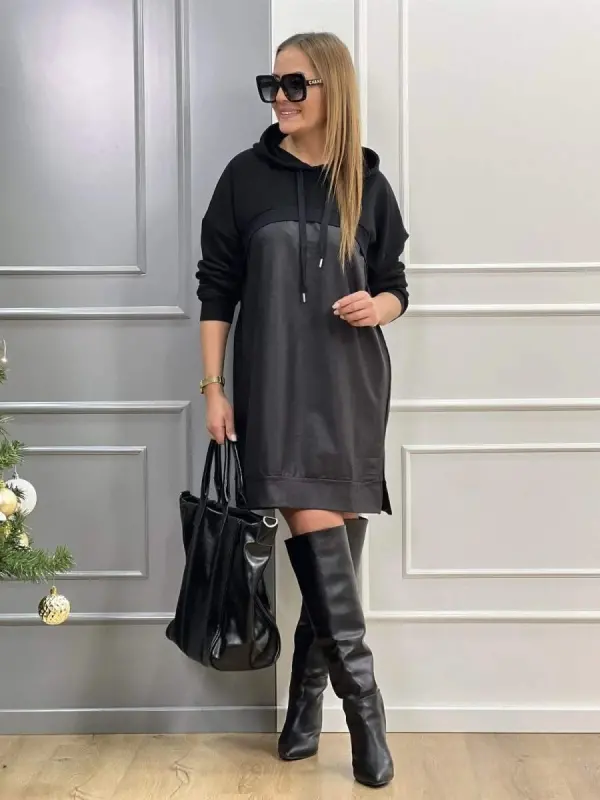 Women's Long Sleeve Hoodie And Leather Detail Above Knee Dress - 8