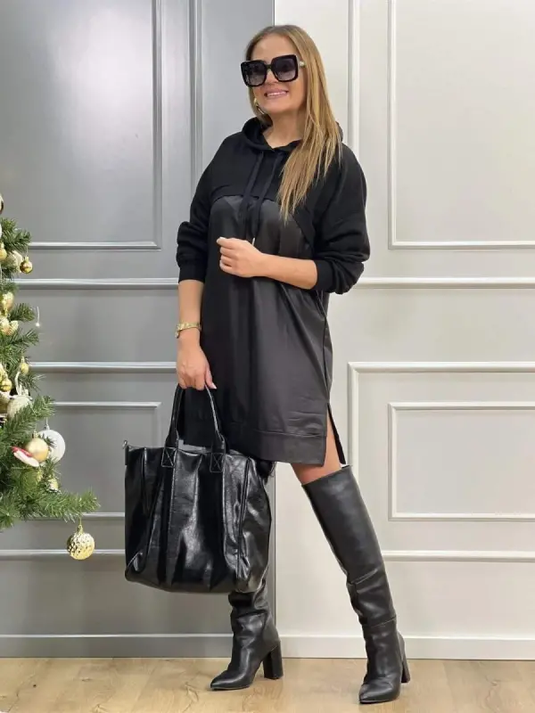 Women's Long Sleeve Hoodie And Leather Detail Above Knee Dress - 9