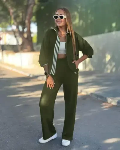 Women's Long Sleeve Hoodie Striped Detail Zippered Viscose Two Thread Blouse and Pants Set - 1