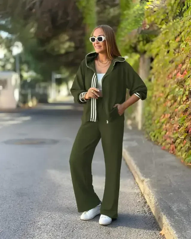 Women's Long Sleeve Hoodie Striped Detail Zippered Viscose Two Thread Blouse and Pants Set - 2