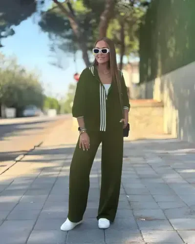 Women's Long Sleeve Hoodie Striped Detail Zippered Viscose Two Thread Blouse and Pants Set - 3