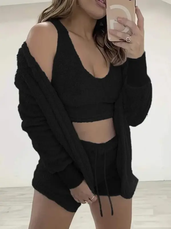 Women's Long Sleeve Jacket, Strappy Plush Blouse and Shorts Set - BÜYÜKBEDENIZ