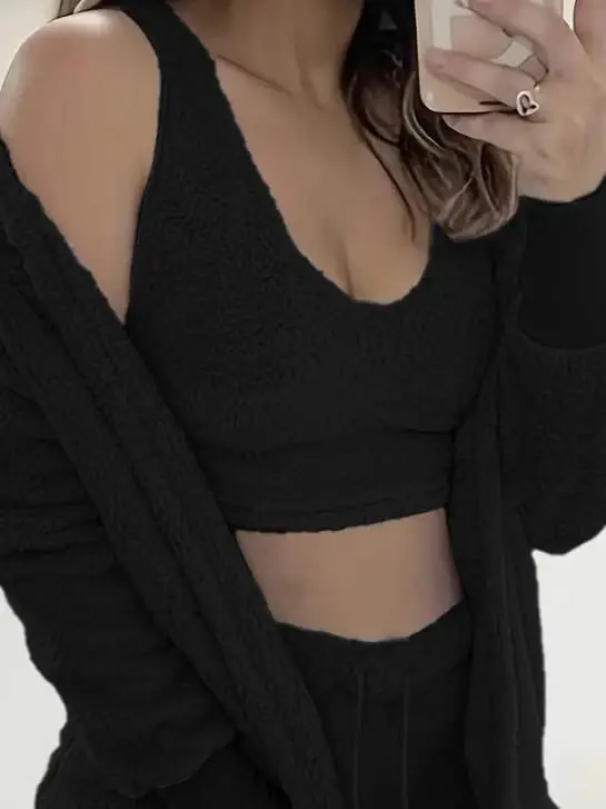 Women's Long Sleeve Jacket, Strappy Plush Blouse and Shorts Set - 2