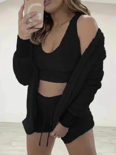 Women's Long Sleeve Jacket, Strappy Plush Blouse and Shorts Set - 3