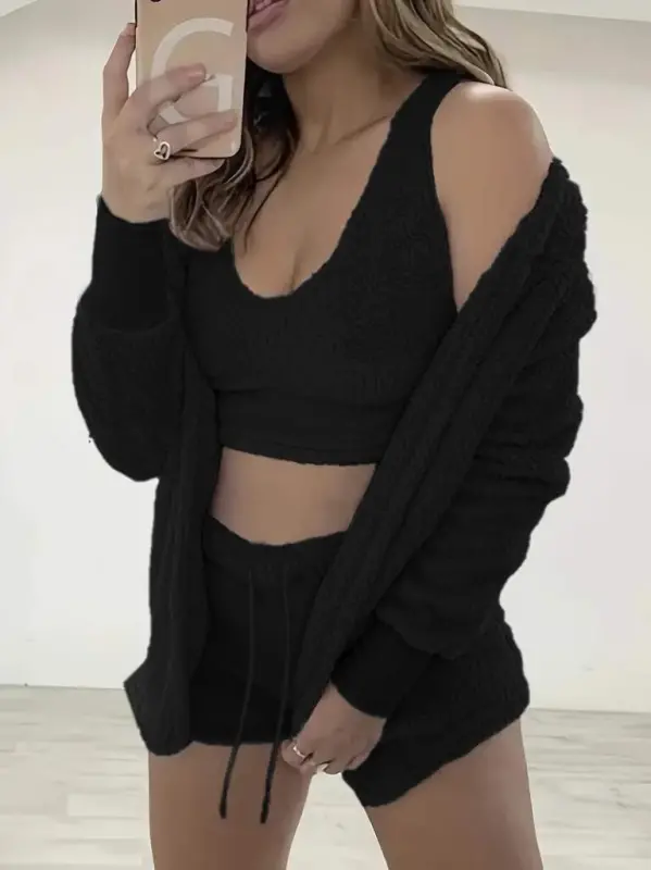 Women's Long Sleeve Jacket, Strappy Plush Blouse and Shorts Set - 3